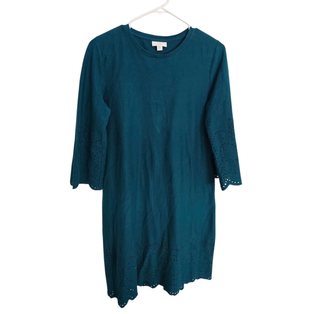 J. Jill Shift Dress XSmall Teal Eyelet Scallop Hem 3/4 Sleeve Cotton Knee Length - Picture 3 of 9